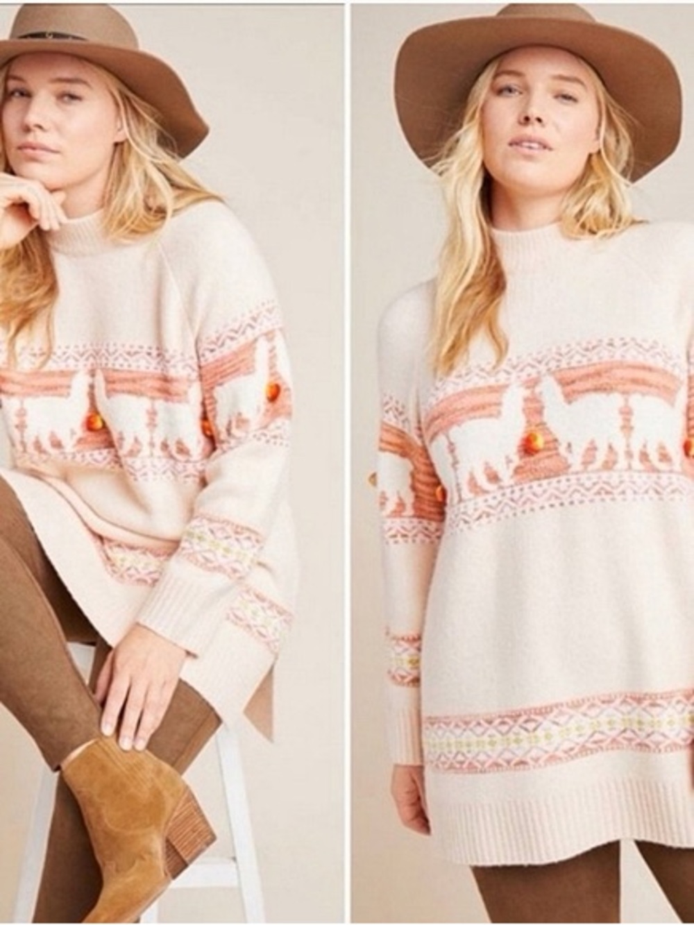 Anthropologie Cream and Peach Cowl-Neck Sweater